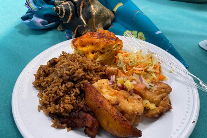 a plate of food with rice meat and vegetables